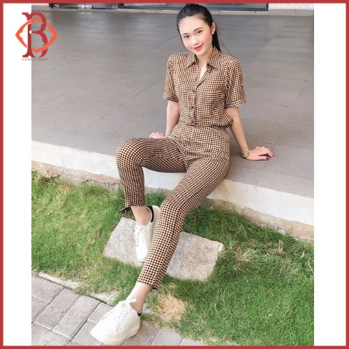 Set Đồ Nữ Áo Sơ Mi Tay Ngắn Quần Dài Kẻ Sọc - Caro, Lụa Mềm Mại Không Nhàu Form Chuẩn