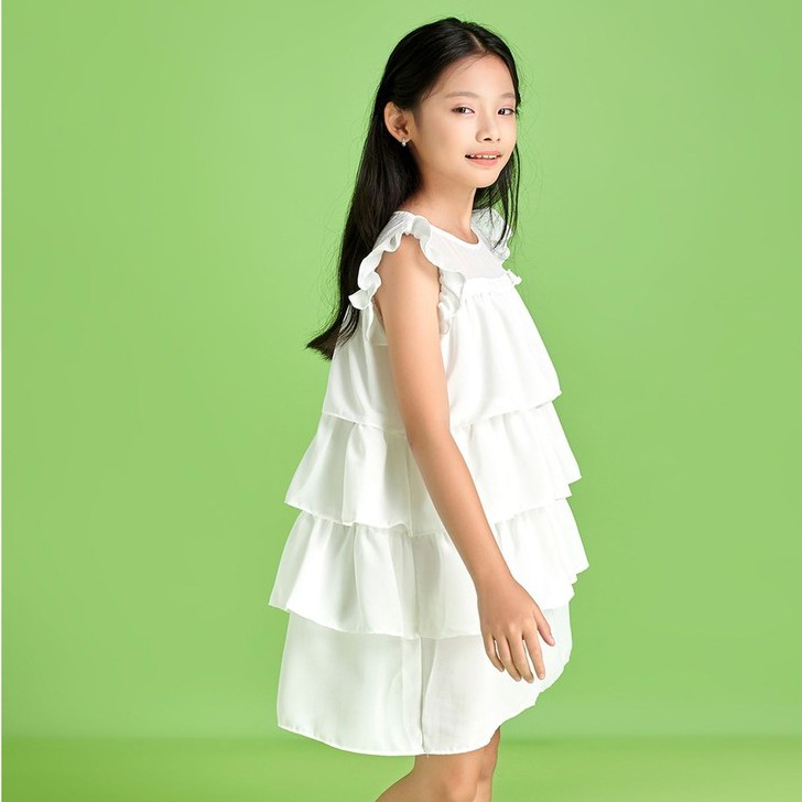 Đầm tầng nơ ngực trắng bé gái 8kg- 10kg để đi chơi DG164 - JADINY