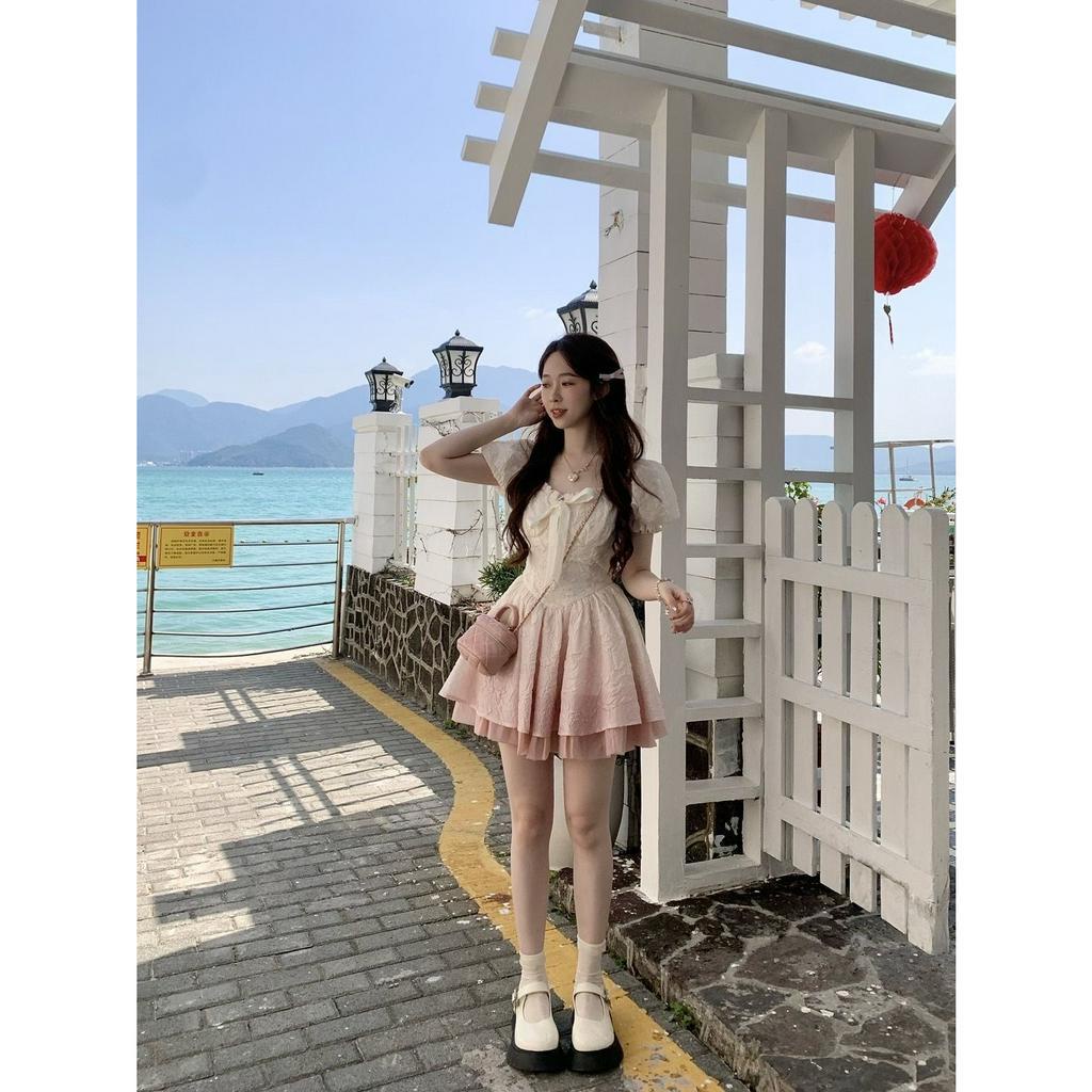 Lalisas Đầm Công Chúa Ngắn Ôm Eo Tay Phồng Cổ Vuông Thay Đổi Màu Sắc Theo Phong Cách Kỳ Nghỉ