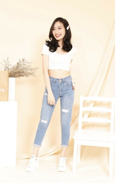 Quần jean boy thêu chỉ, quần bò nữ dáng rộng xước thêu chỉ | BigBuy360 - bigbuy360.vn