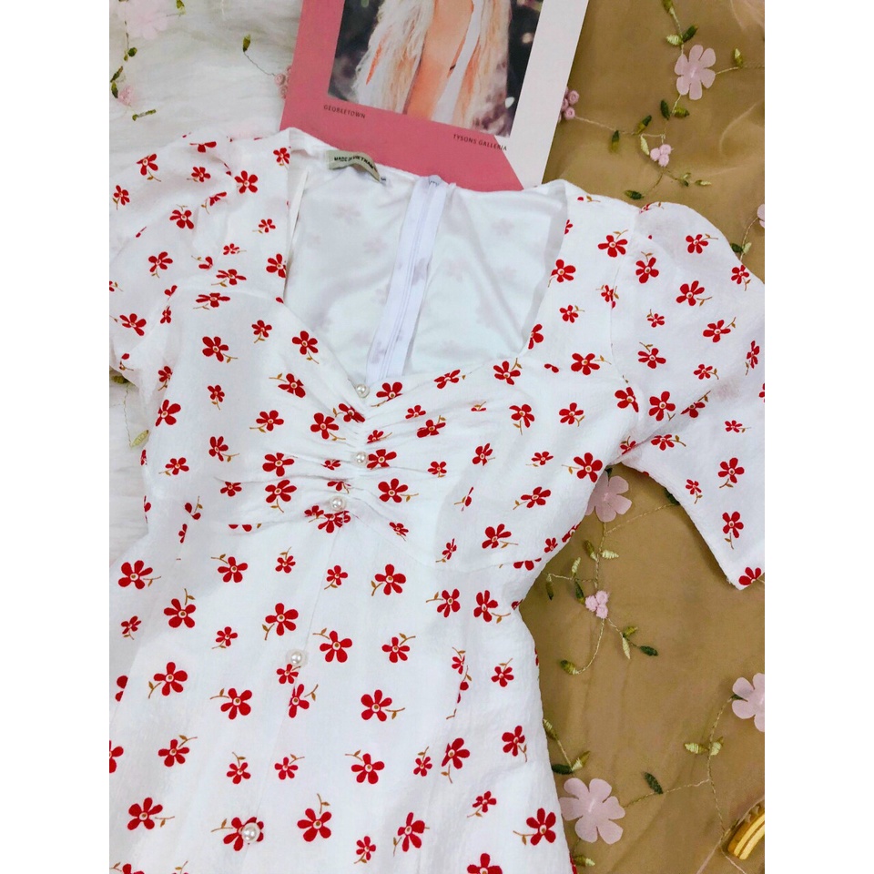 Đầm Hoa Nhí Vintage ❤️FREESHIP❤️ Dáng Xòe Tay Phồng Ngắn Xẻ Tà Nhún Ngực Đính Hạt Sang Chảnh