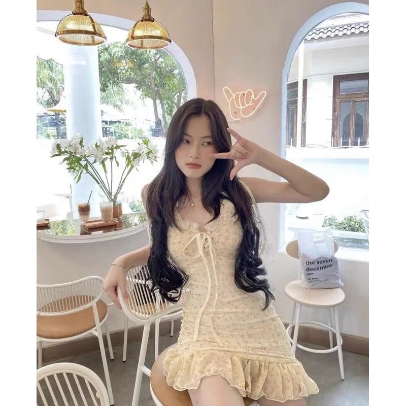 ORDER🖤Đầm hai dây vàng suông thắt nơ đuôi cá hoa nhí phối ren dễ thương| Váy ulzzang bánh bèo phong cách Hàn Quốc | BigBuy360 - bigbuy360.vn