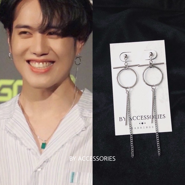 Bông tai unisex khoen tròn phối thanh dài và xích ko gỉ Yugeom Got7
