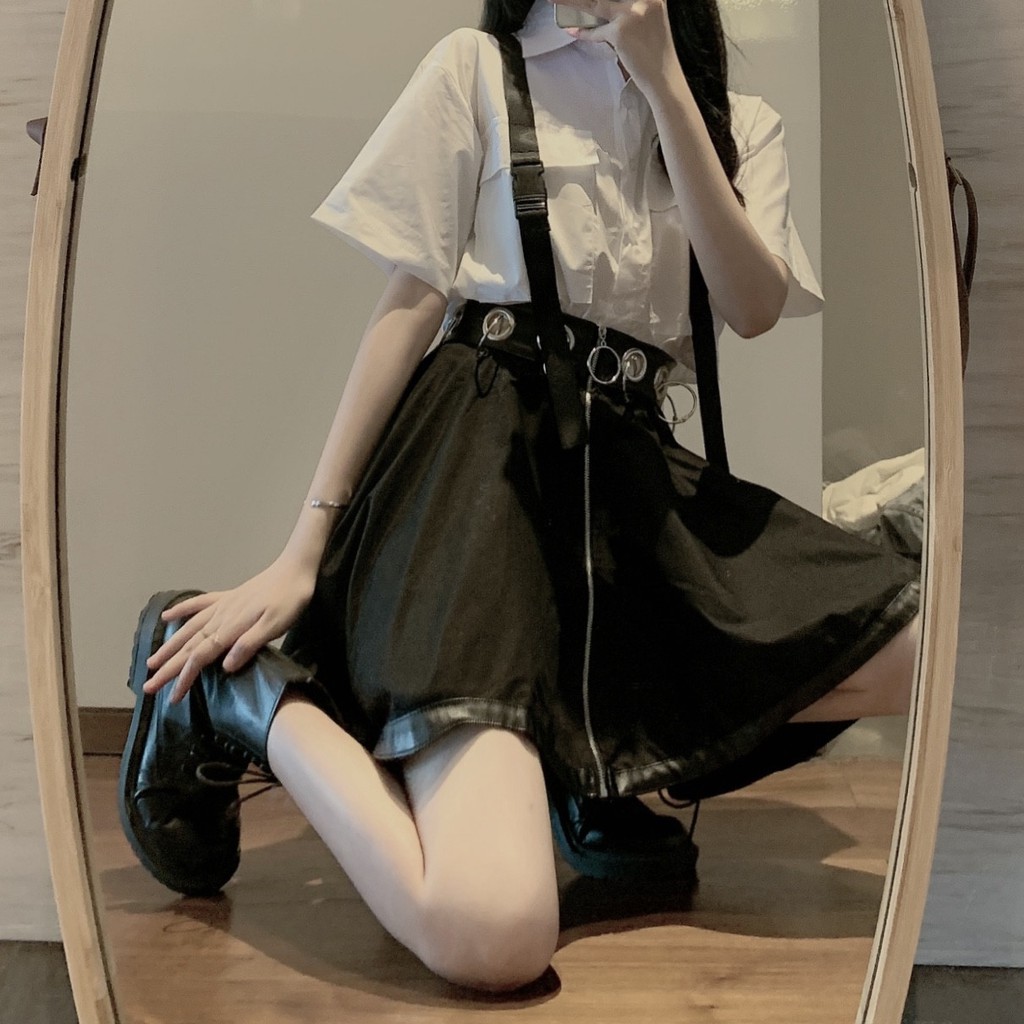 Set Áo Sơ Mi Tay Ngắn + Chân Váy Phong Cách Retro Harajuku Cá Tính