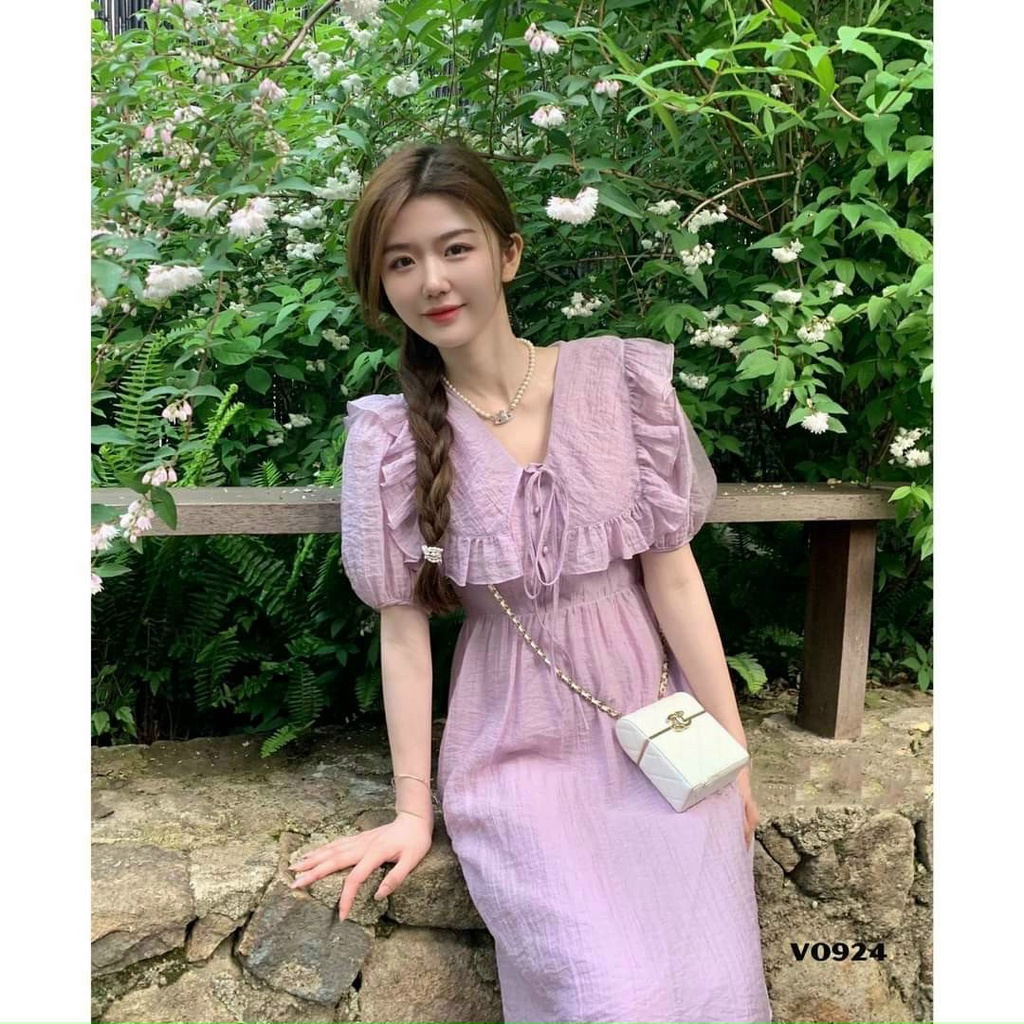 Đầm tiểu thư xinh đẹp phối bèo cột nơ cổ