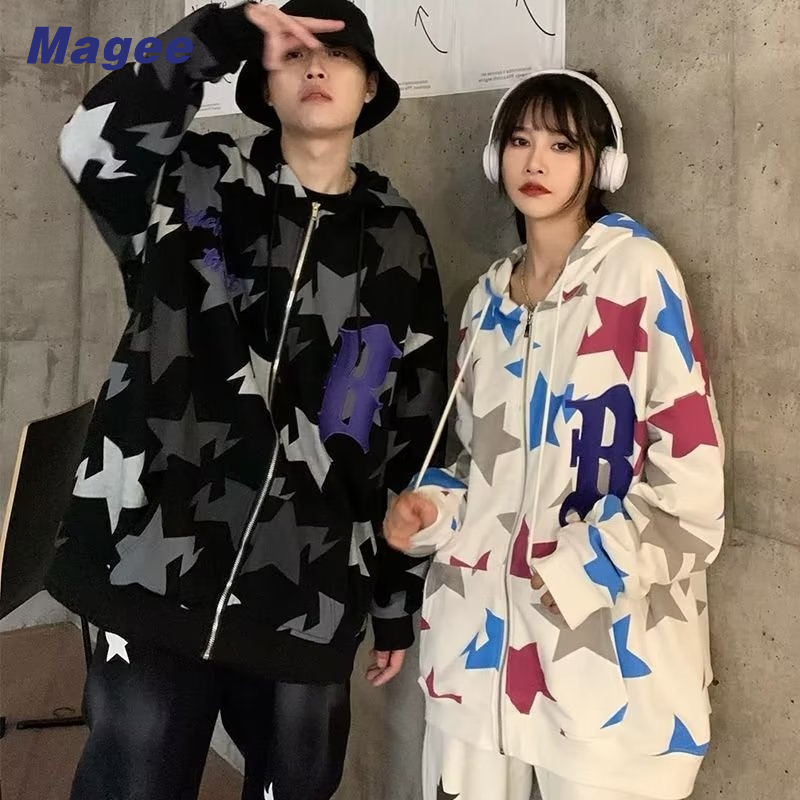 Original High Street Jacket American Vintage Couple Tops Star Print Cardigan Áo len trùm đầu Thích hợp cho các cặp đôi Thích hợp cho nam giới