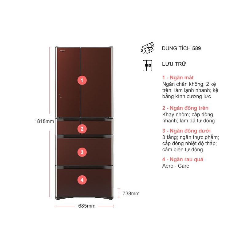 Tủ lạnh 6 cánh Hitachi G570GV 589L Inverter
