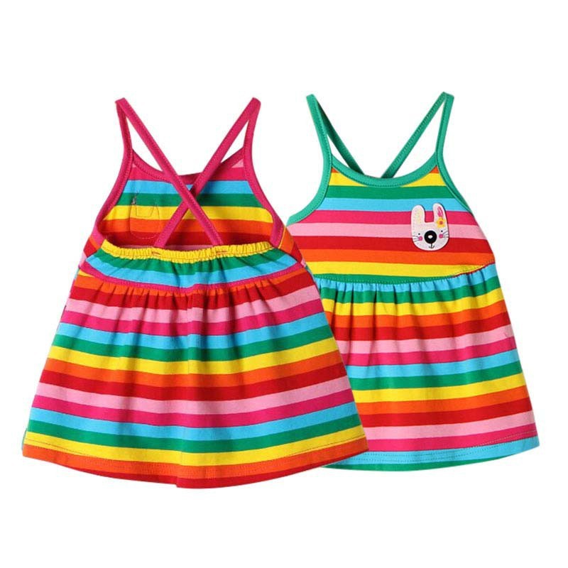 Đầm 2 dây dài ngang gối họa tiết sọc ngang màu cầu vồng xinh xắn cho bé gái
