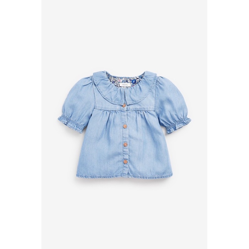 Set bò denim mỏng bé gái viền bèo 2-8Y (áo cộc, quần dài)