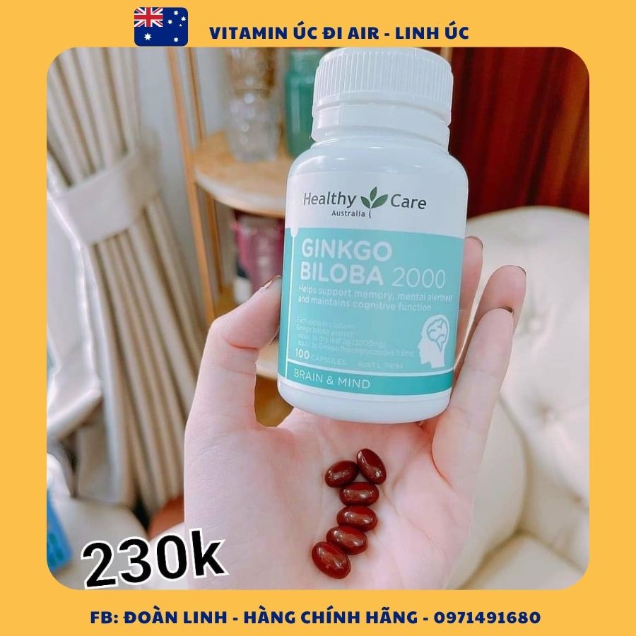 Bổ não Ginkgo biloba 2000mg Healthy Care 100v - Úc, Hàng Chuẩn Úc Đi Air