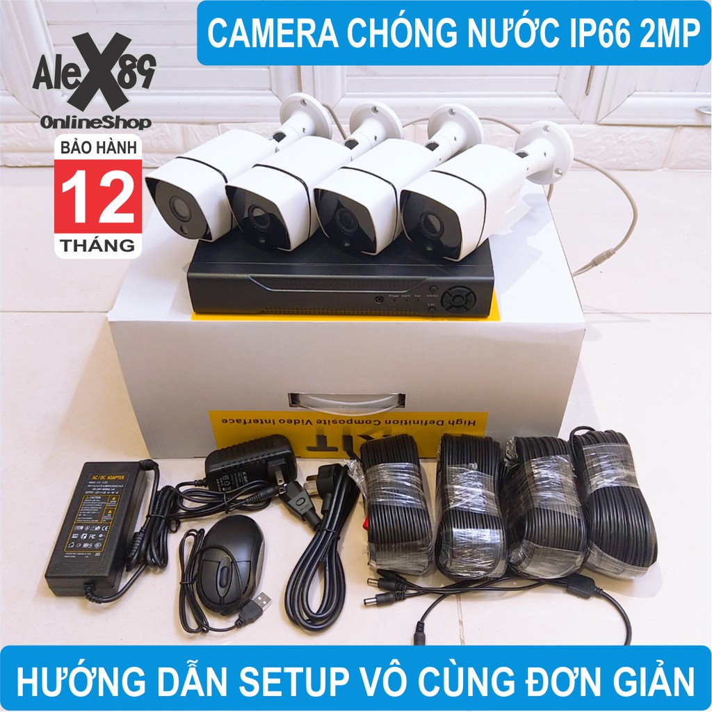 Trọn Bộ 4 Camera DVR Giám Sát 2MP Chóng Nước IP66 CCTV Dây 20 Mét-App điều khiển từ xa(Không HDD)