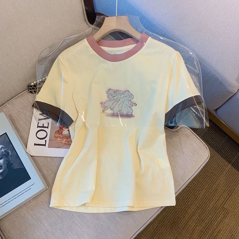 Áo Thun Ngắn Tay Cổ Tròn In Họa Tiết Hoạt Hình Phối Màu Tương Phản Thời Trang Mùa Hè Cho Nữ