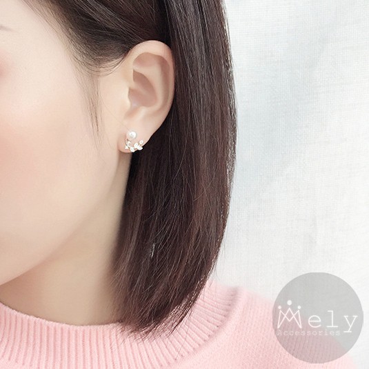 BÔNG TAI NỤ BẠC ĐÍNH NGỌC TRAI NHÂN TẠO HÌNH CÀNH LÁ - MELY 1040