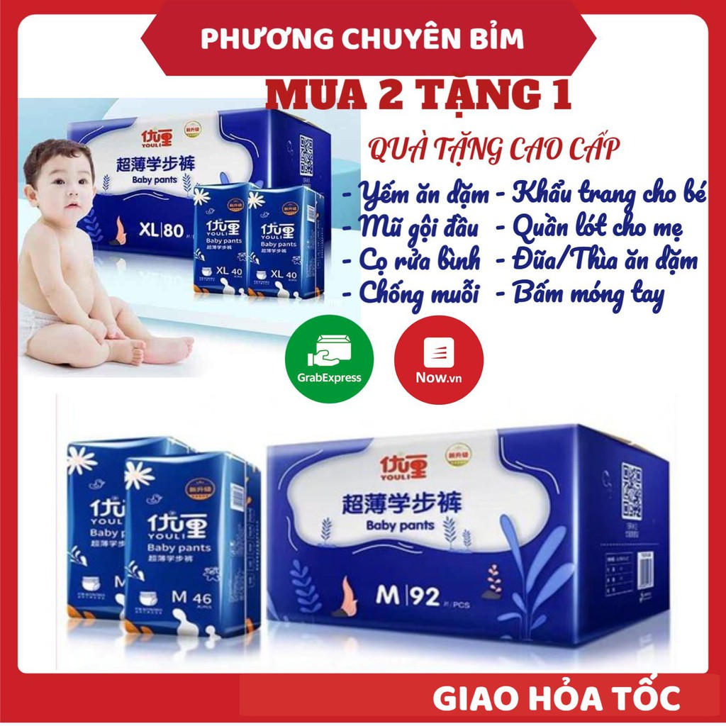 Bỉm Youli FREESHIP Bỉm Youli Xanh Dán/Quần Đủ Size S108/M92/M88/L84/XL80/XXL72/XXXL68-Youli bán theo bịch và theo thùn