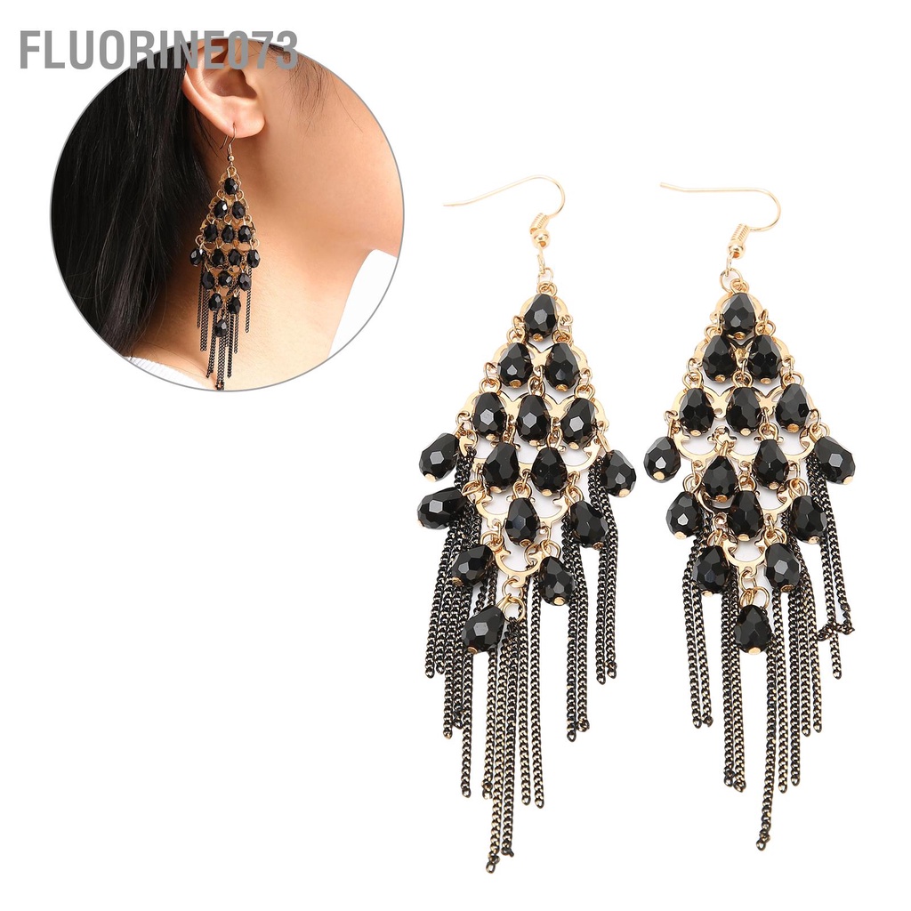 Fluorine073 Tua cườm Bông tai Hợp kim Giả Pha lê Dài Màu đen Thả Dangle rua Quà tặng cho Phụ nữ