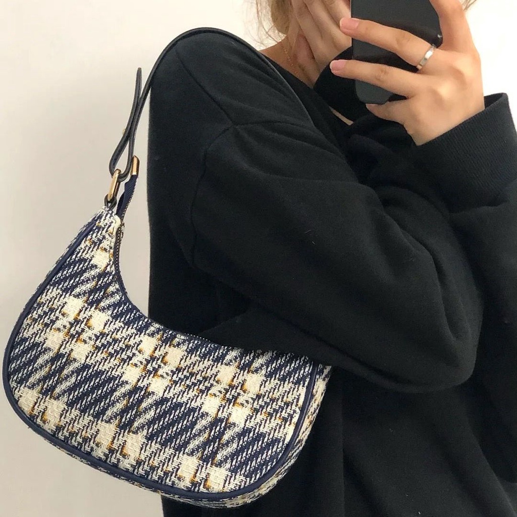 Oeteo Túi Xách Đeo Vai Vải Bạt Họa Tiết Kẻ Sọc Có Khóa Kéo Cho Nữ