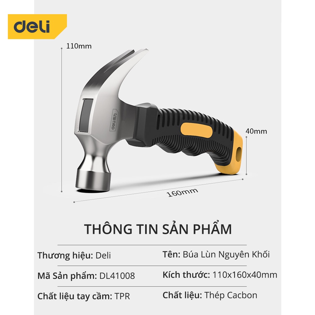 Búa Lùn Nguyên Khối Deli Chính Hãng - Đóng Đinh, Nhổ Đinh Dễ Dàng, Tiện Dụng - Nhỏ Gọn, Tay Cầm Bọc Cao Su - DL441008