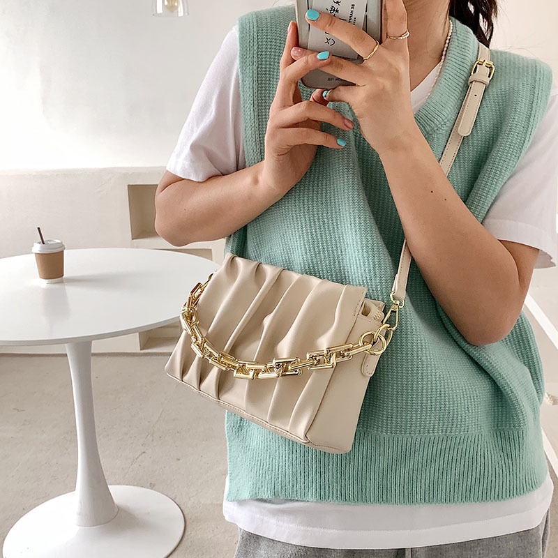 Túi xách nữ đẹp, túi đeo chéo phối xích da xếp ly đi chơi phong cách hàn quốc PK 360
