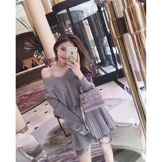 Set váy len ghi gấu ren