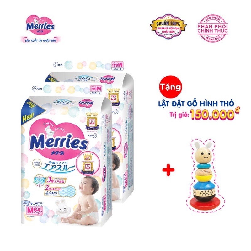 (Tặng lật đật gỗ Merries) Combo 2 Tã/ bỉm dán Merries Đủ Size NB90/S82/M58/L44/XL38