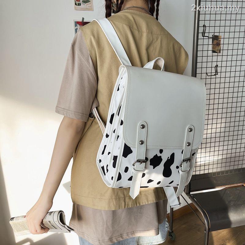 Balo da pu nhiều ngăn họa tiết bò sữa phong cách Nhật Bản thời trang cho nữ