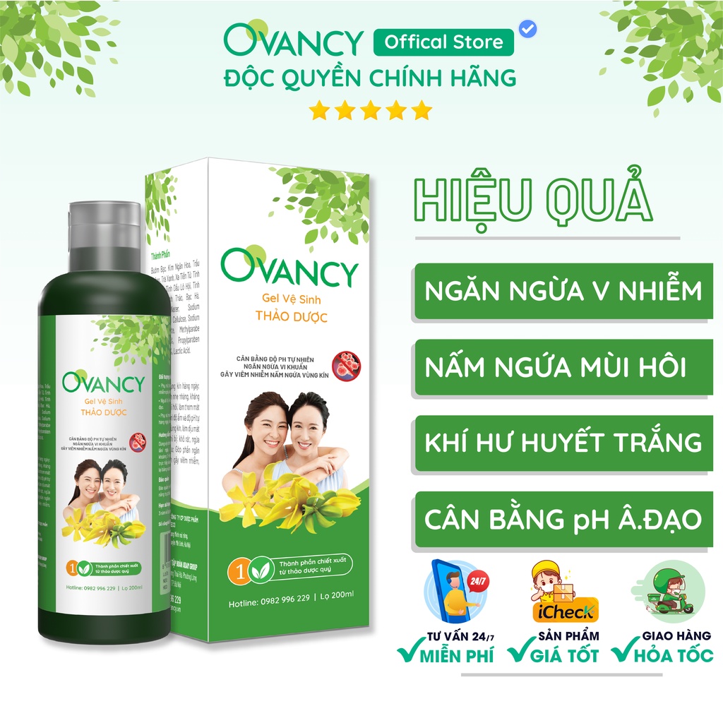 Dung dịch GEL vệ sinh thảo dược OVANCY giúp phòng ngừa khí hư, huyết trắng, nấm ngứa, khử mùi hôi 200ml OVANCY GEL