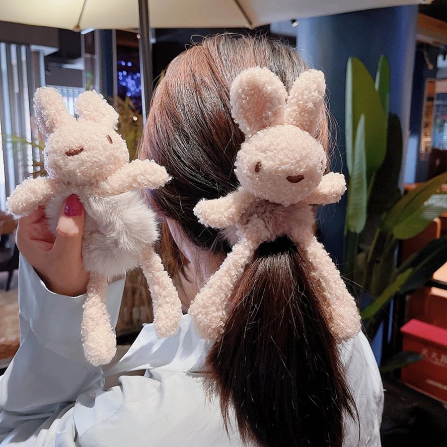 Dây cột tóc nữ co giãn phối lông thiết kế gấu/thỏ hoạt hình dễ thương