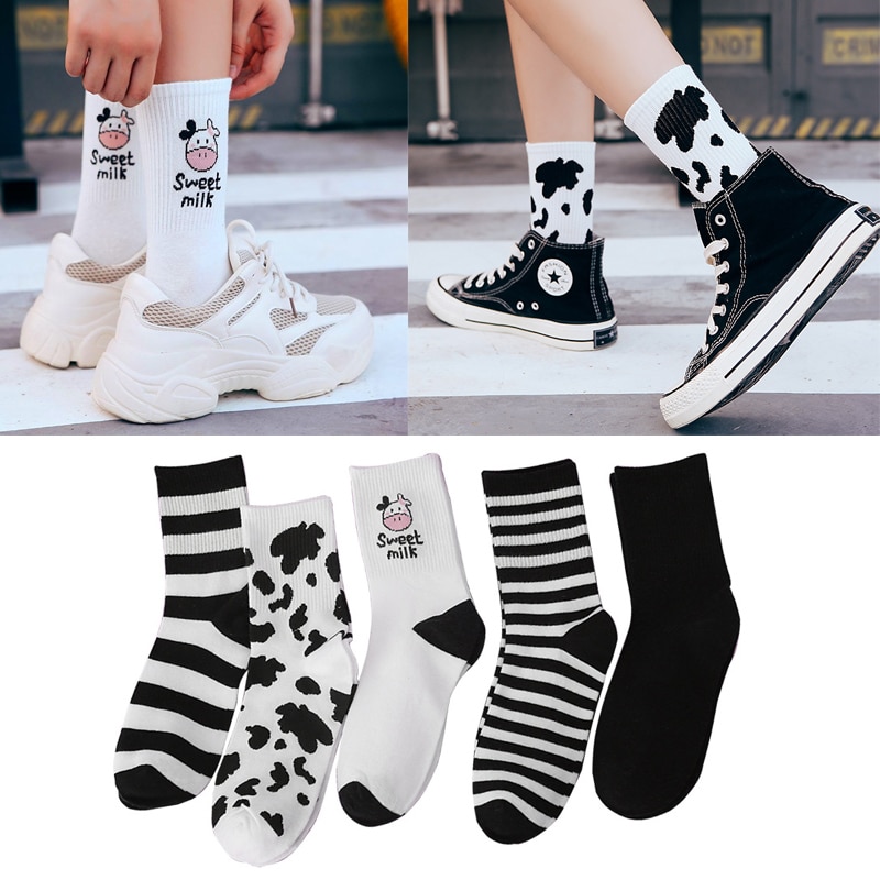 2021 New Cow Printed Sock Lovely Harajuku Korean Style Women Cute Cotton Socks Women Striped Socks Casual Cartoon White Socks