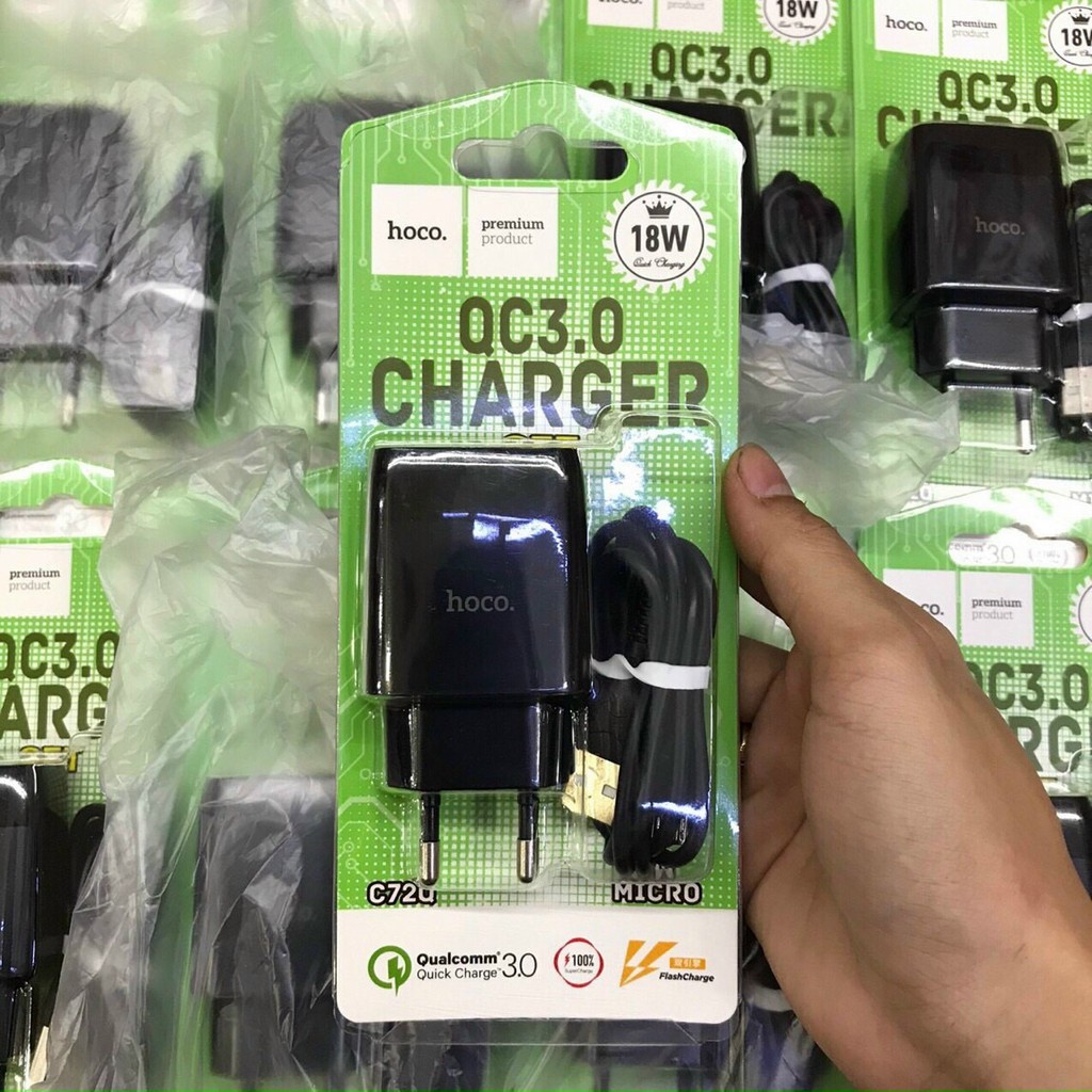 Bộ Sạc Nhanh 18W Hoco C72Q - Bộ Cáp Sạc Nhanh 3A Siêu Tốc, An Toàn Cho Các Dòng Android Type C/ Micro USB - Bảo Hành 12T
