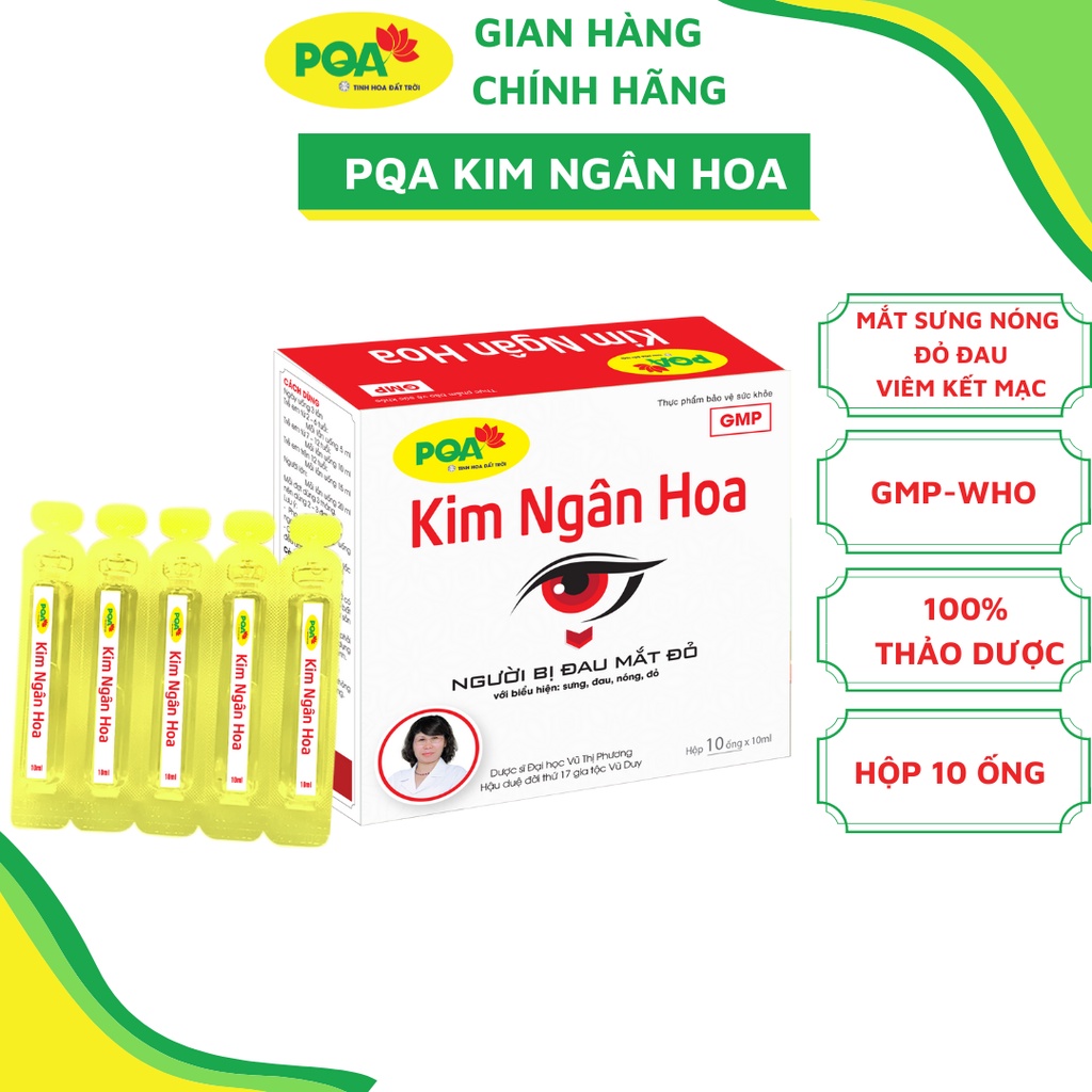Kim Ngân Hoa PQA thảo dược hỗ trơ đau mắt đỏ với các biểu hiện sưng ,đau ,nóng, đỏ. Hộp 10 ống