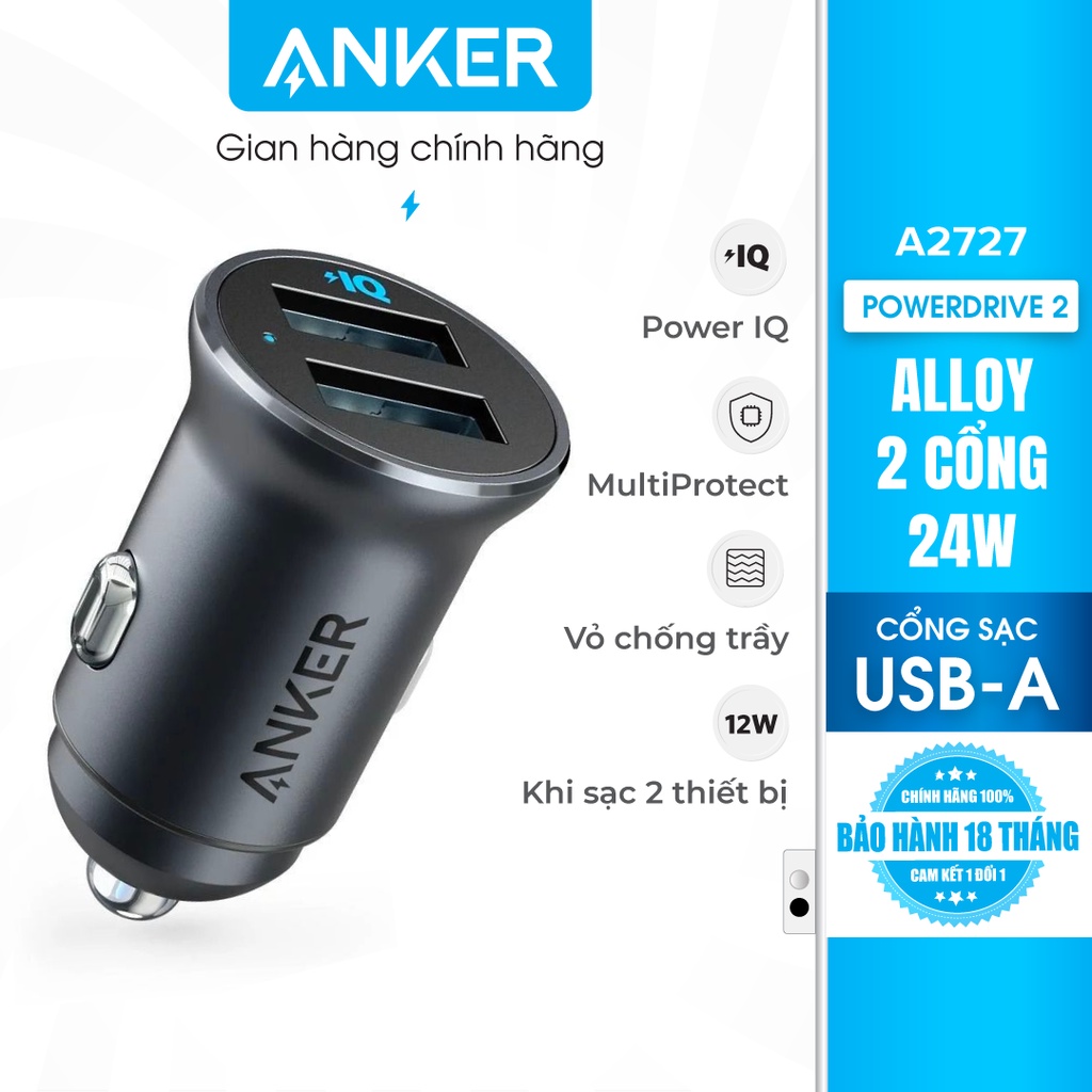 Sạc Anker 2 cổng PowerDrive 2 Alloy công suất 24w - A2727