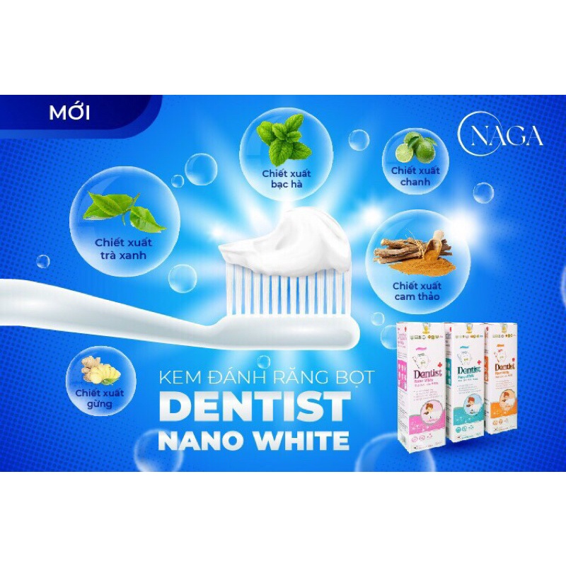 KEM ĐÁNH RĂNG TẠO BỌT DENTIST NANO WHITE HỘP 3 LỌ 150ML GIÚP NGỪA SÂU RĂNG, BONG MẢNG BÁM, SẠCH RĂNG MIỆNG.p