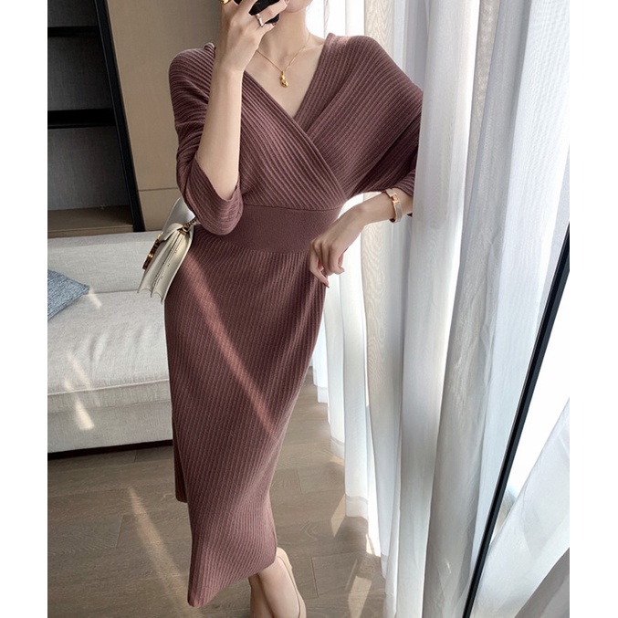 Đầm dệt kim dáng ôm chiết eo thời trang sang trọng cho nữ