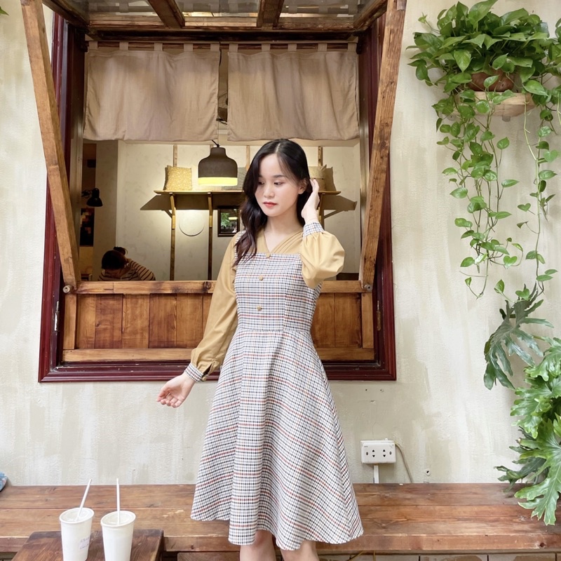 Váy Yếm kẻ phối lụa nâu Mina