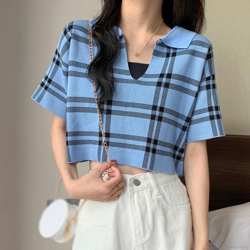 Áo croptop dệt kim tay ngắn cổ chữ v thiết kế dáng rộng thoải mái