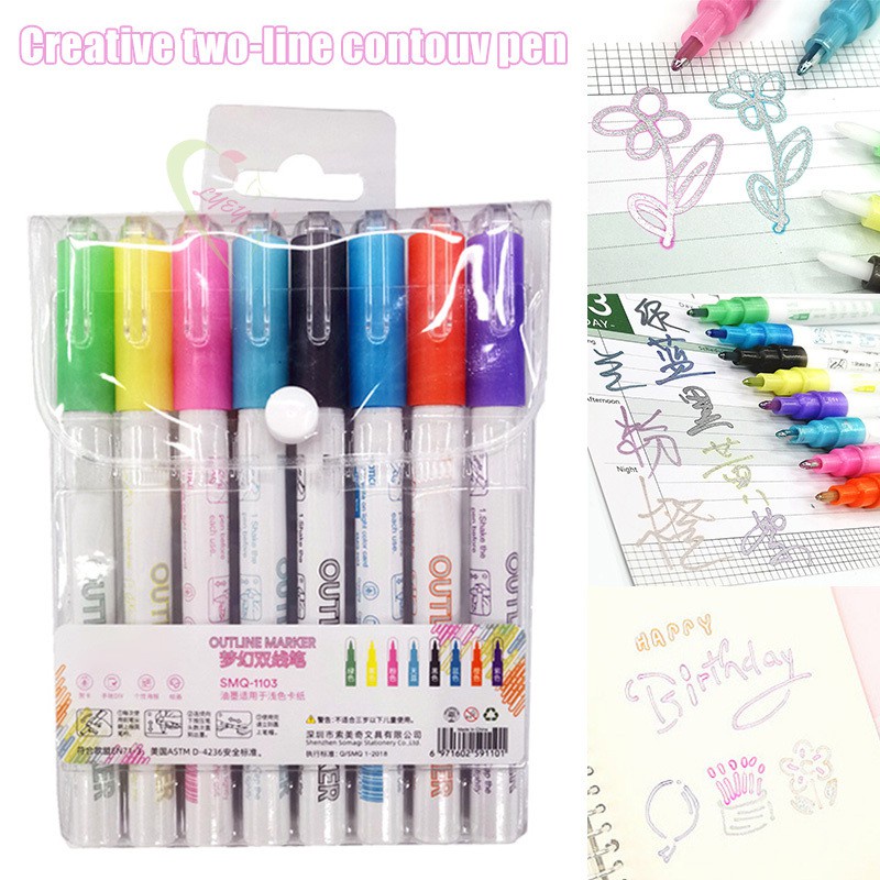 LE 8 Color Double Line Outline Pen Double Colors Marker Pen for Card Writing Drawing @VN