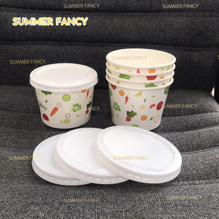 50 bát cháo giấy 500ml in hình rau củ có nắp cốc hộp an toàn - 16oz tô giấy paper bowl