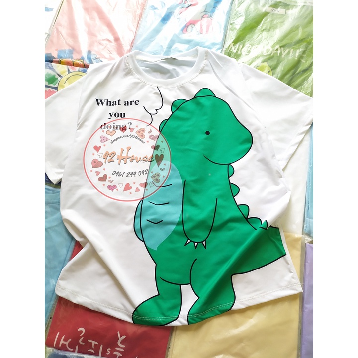 Set bộ  hoạt hình áo phông quần kate kẻ khủng long xanh lá unisex