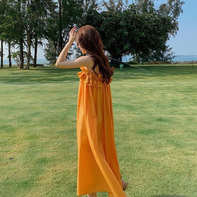 Váy bầu Maxi 2 Dây Chun Ngực Bèo Tầng Màu Cam - Thời Trang Biển , đầm bầu du lịch