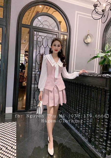 SET ÁO TIỂU THƯ CỔ THUỶ THỦ NƠ TAY VOAN CHÂN VÁY XẾP LI