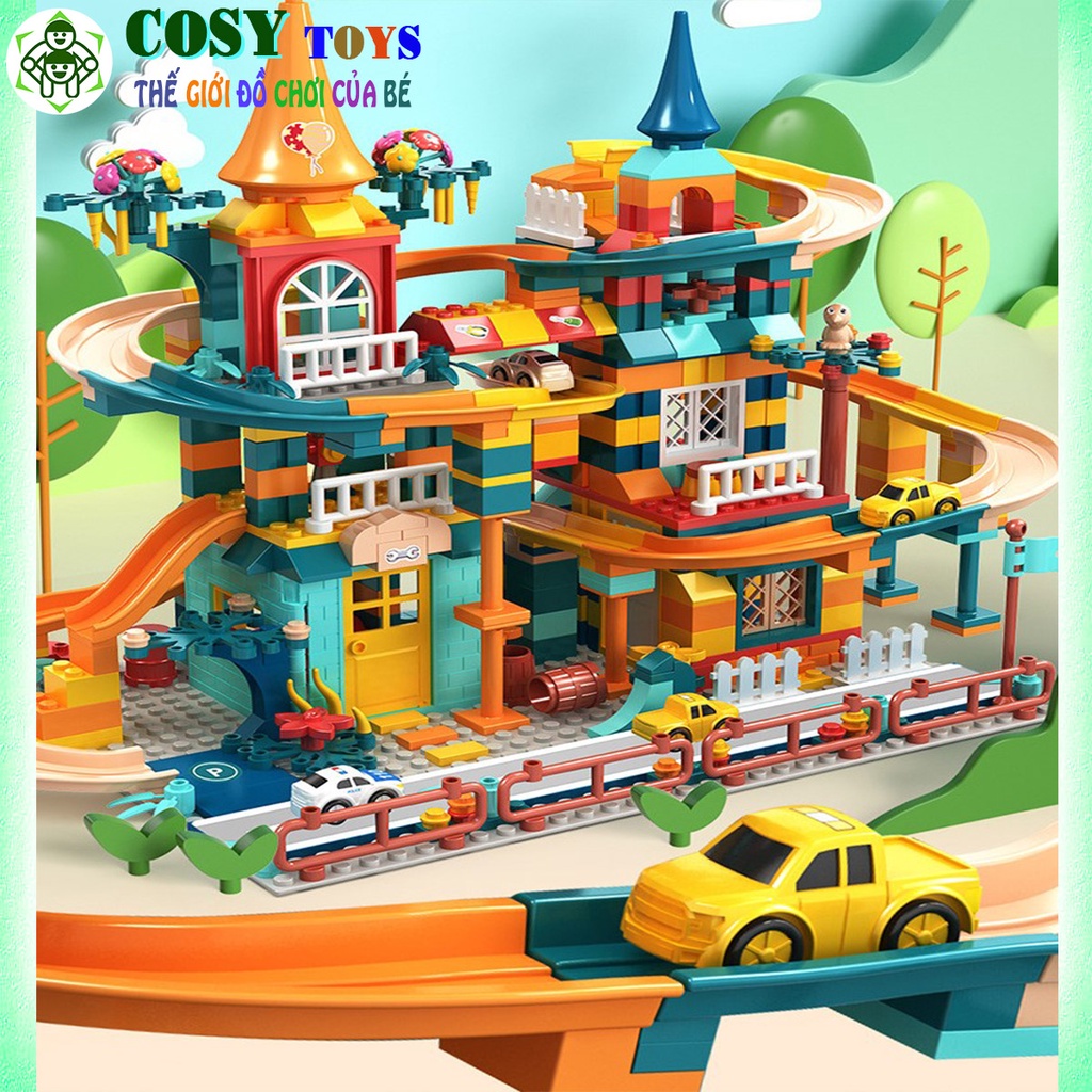Bộ xếp hình lego Tòa lâu đài có đường ray cầu trượt gồm 512 chi tiết, kèm xe ô tô và nhiều phụ kiện cho bé