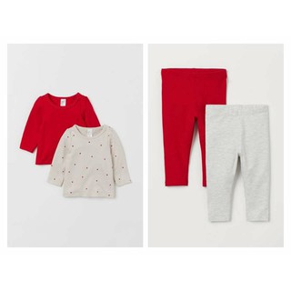 Set 2 áo và 2 quần legging cotton đỏ & ghi sáng HM UK Auth size 9/12 12/18 18/24