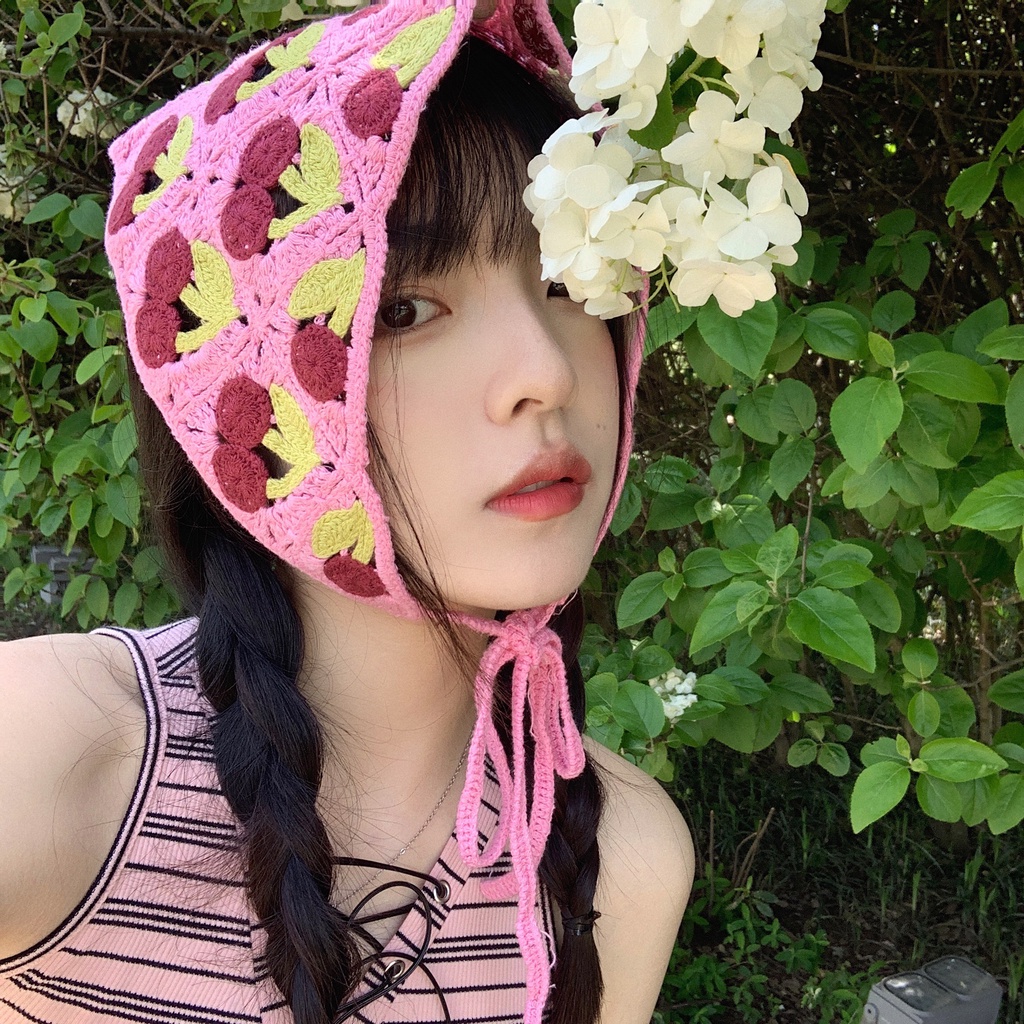 Khăn Choàng Cổ Dệt Kim Hình Quả Cherry Tam Giác Nhỏ Nhắn Phong Cách Mùa Hè Hàn Quốc Mới