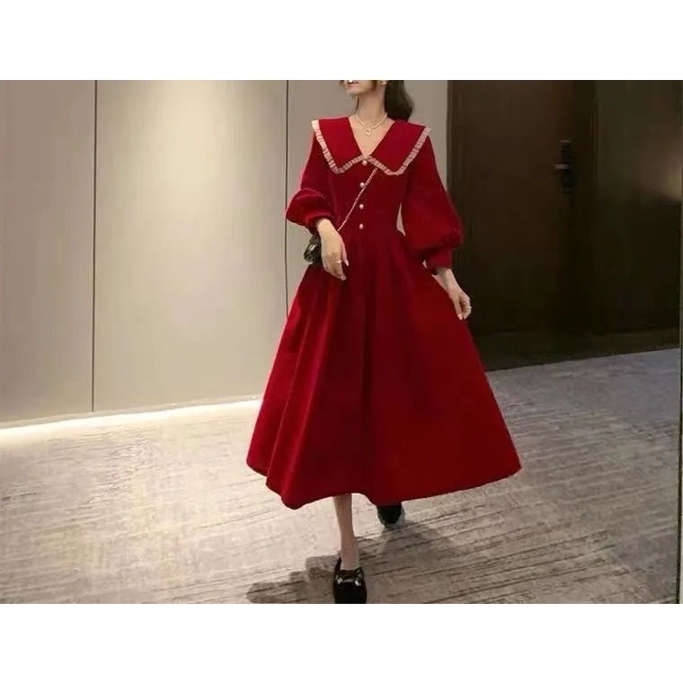 Đầm nhung tay dài cổ búp bê size lớn màu đen/ màu đỏ thời trang mùa thu 2021 dành cho nữ