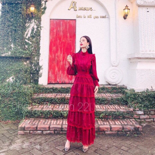 ĐẦM TIỆC ĐỎ ĐÔ VÁY XÒE STYLE BOHO MAXI THỔ CẨM NHÚN TẦNG DU LỊCH VINATGE THỔ CẨM BOHEMIAN sống ảo (KÈM HÌNH THẬT CẬN VẢI