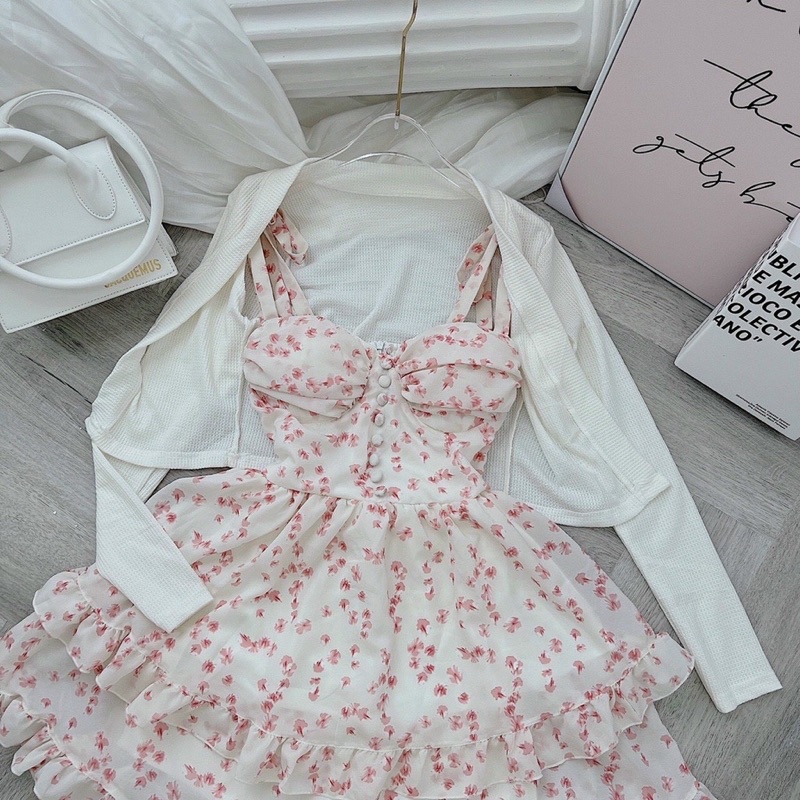 SET ĐẦM HOA 2 DÂY TẦNG KÈM KHOÁC CROP TRẮNG  🌼 | BigBuy360 - bigbuy360.vn