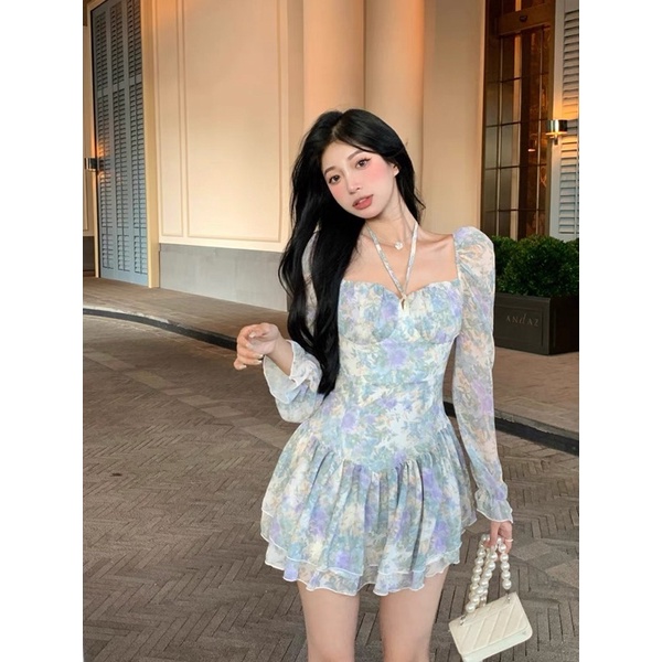 Có sẵn🖤Đầm Công Chúa tiểu thư hoa nhí ôm eo xoè đuôi cá/Váy bánh bèo ulzzang cổ vuông ngọt ngào vintage retro ngọt ngào