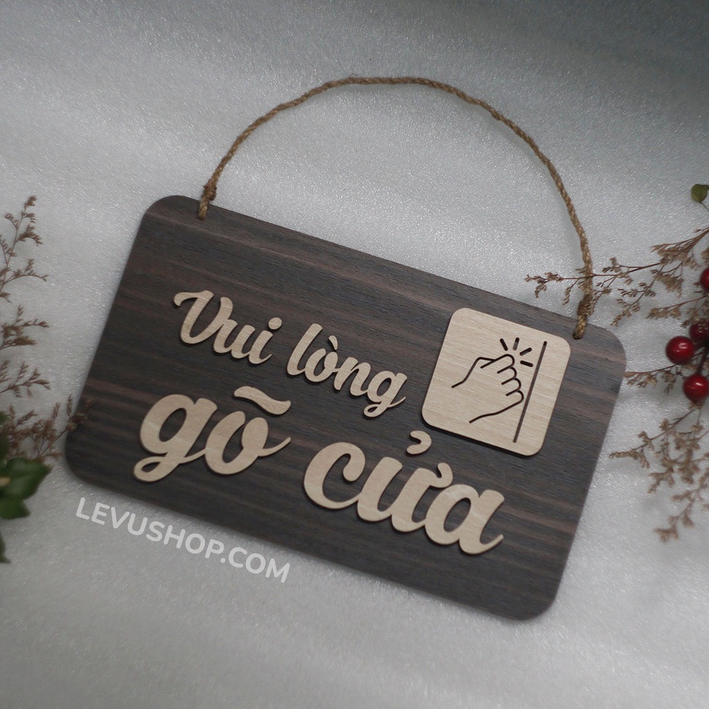 Bảng Gỗ Vui Lòng Gõ Cửa có dây treo trang trí decor vintage