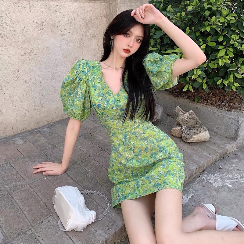 Váy Hoa Xanh Khuy Bọc Tay Phồng Siêu Xinh Có Ảnh Thật Kèm Video