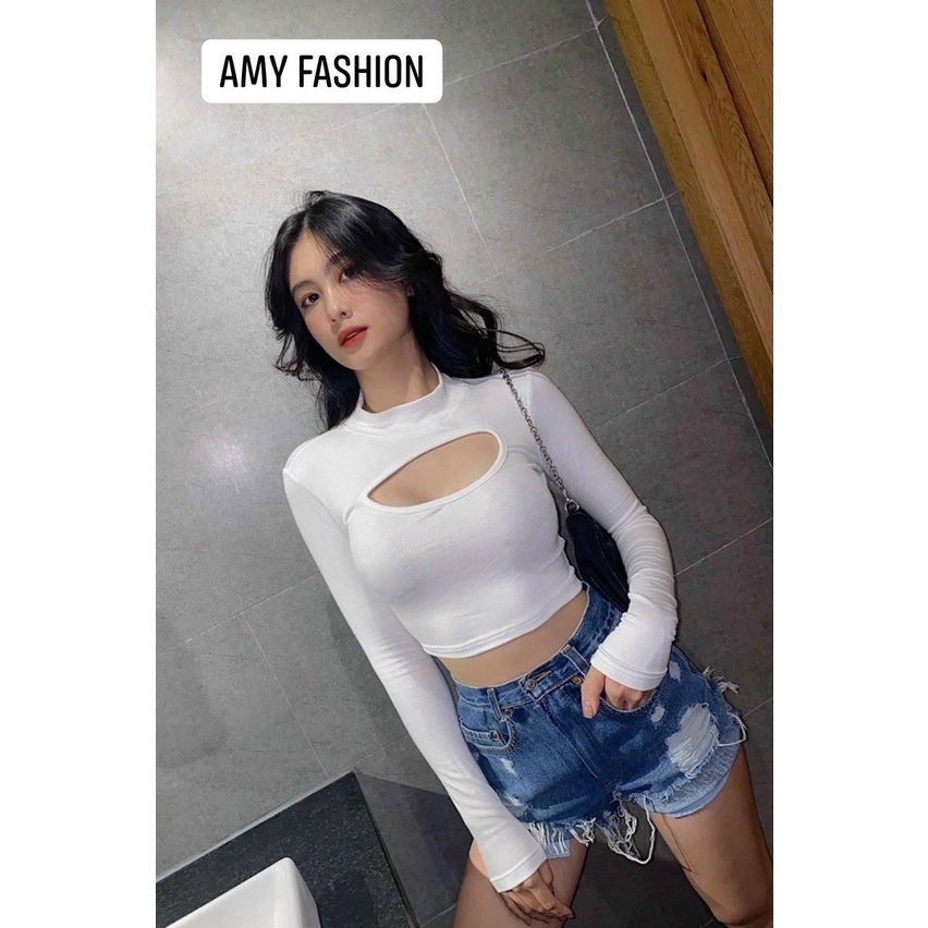 Áo Croptop Tay Dài Cổ Tròn Khoét Ngực Siêu Xinh TTVV0109